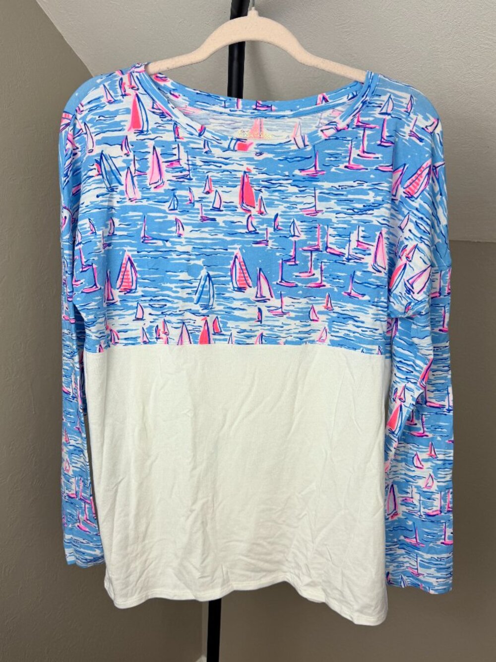 Lilly Pulitzer | Blue and Pink Sailboat Print Long Sleeve Colorblock Top Size M